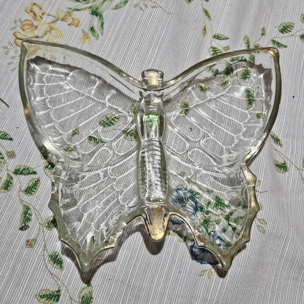 vintage cottagecore boho clear glass butterfly dish